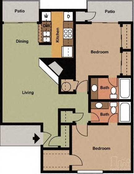 Floor plan for 2 beds, 2 baths, 964 sqft